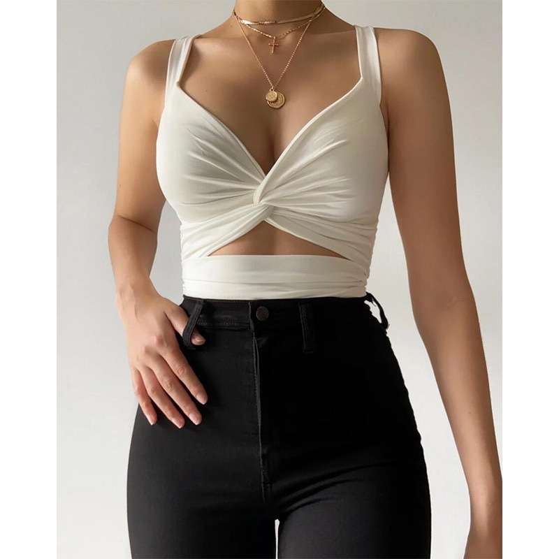 Twist-Front Crop Top with Cut-Out Detail - S, White image