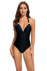 Sexy Deep-V Halter Neck Plain One Piece Bikini Swimsuit image 3
