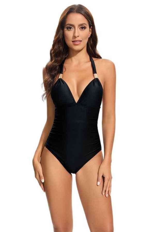 Sexy Deep-V Halter Neck Plain One Piece Bikini Swimsuit image 3