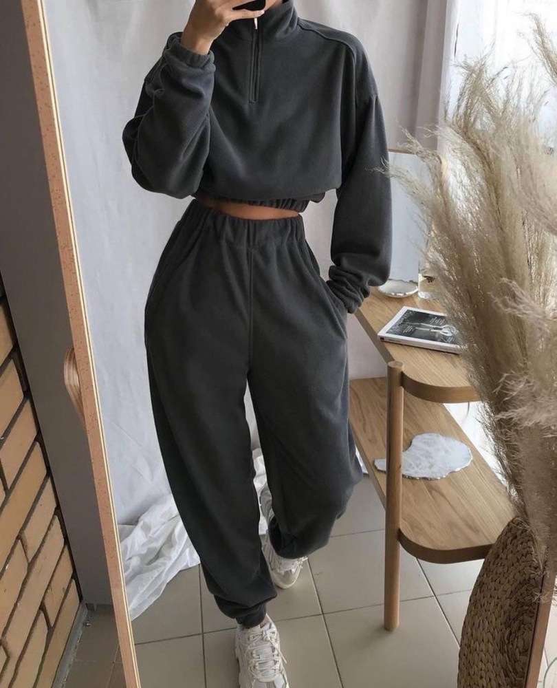 Polo Collar Loose Fit Sweatshirt & Joggers - XL, Grey image