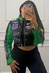 Colorblock High Neck Biker Jacket - S, Green image