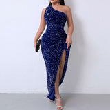 One Shoulder Wrap Split Thigh Party Dress - M, Blue image