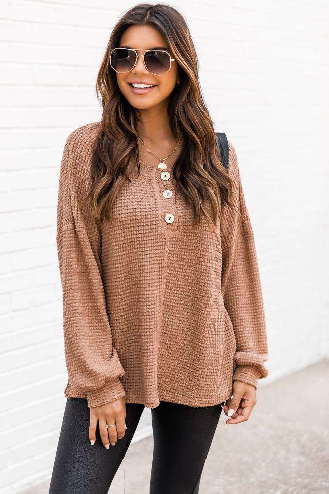 Long Sleeve Crew Neck Casual Pullover - L, Light Taupe Brown image