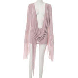 Deep V-Front Drape Dress with Flared Sleeves image 2