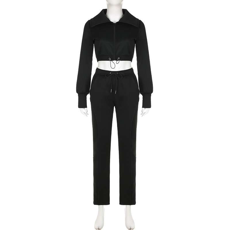 Turndown Collar Zipper Drawstring Crop Top and Pant set image 3
