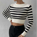 Striped Round Neck Crop Sweater image 2