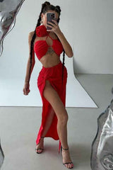 Sexy Flower Choker Open Slit Maxi Skirt Two Piece Set image 1