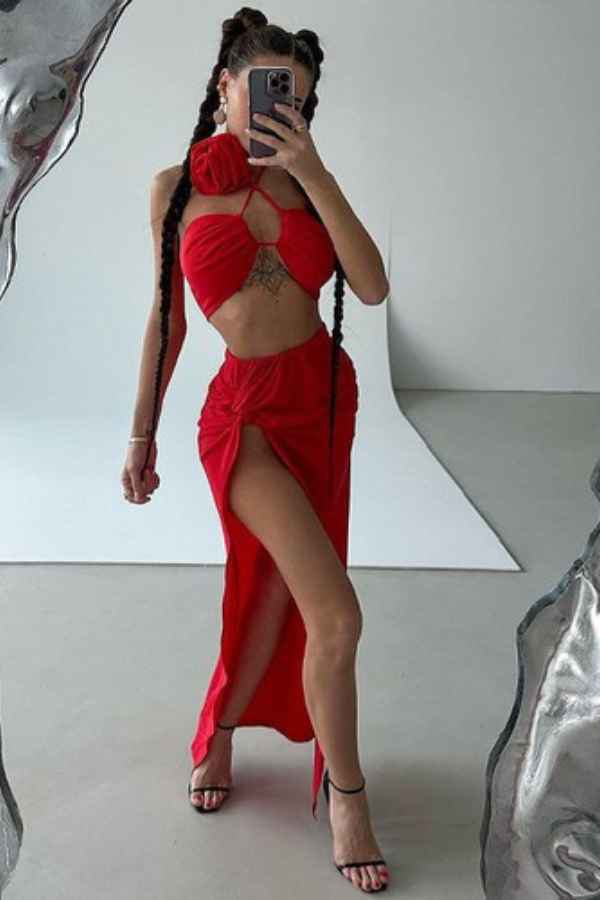 Sexy Flower Choker Open Slit Maxi Skirt Two Piece Set image 1