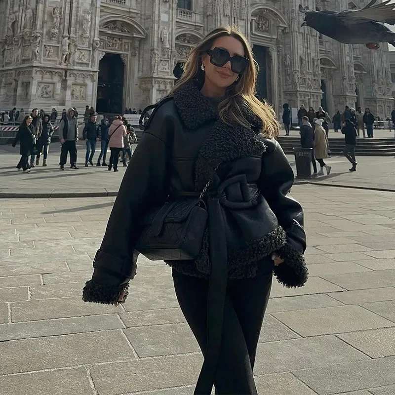 Luxury Fur Splicing Jackets Belt Cropped Coats image 1