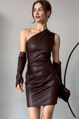 One-Shoulder Faux Leather Mini Dress with Gloves image 1