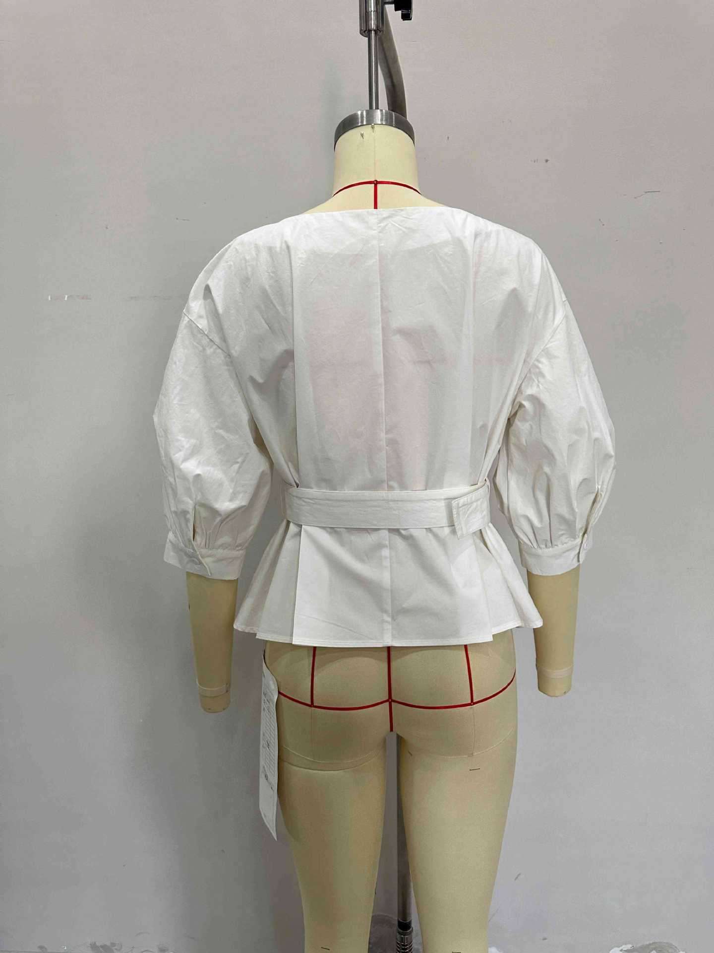 Asymmetrical Belted Blouse with Puff Sleeves image 3