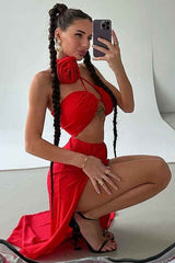 Sexy Flower Choker Open Slit Maxi Skirt Two Piece Set image 0