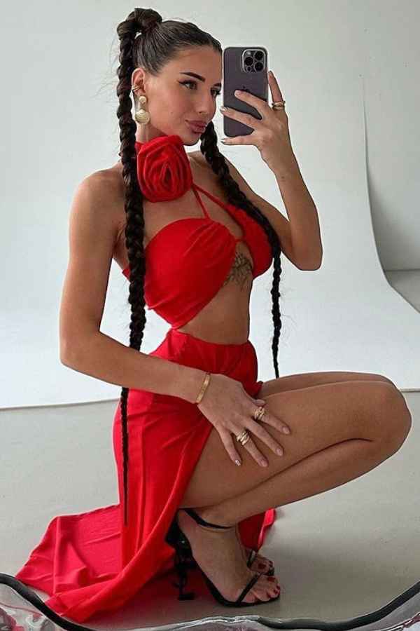 Sexy Flower Choker Open Slit Maxi Skirt Two Piece Set image 0