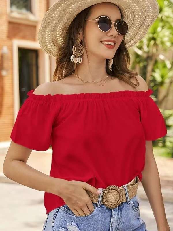 Off-Shoulder Boho Summer Top - L, Red image