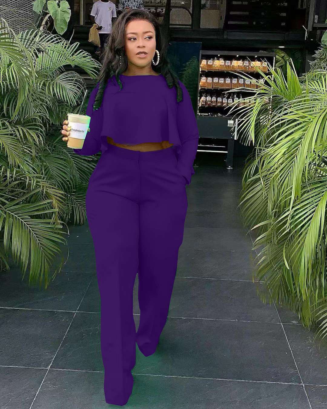 Crop Top Loose Pants Two Piece Casual Suits - M, Metallic Violet Purple image
