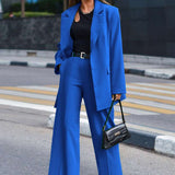 Long Sleeve Suit Top Casual Straight Pant Suit - L, Denim Blue image