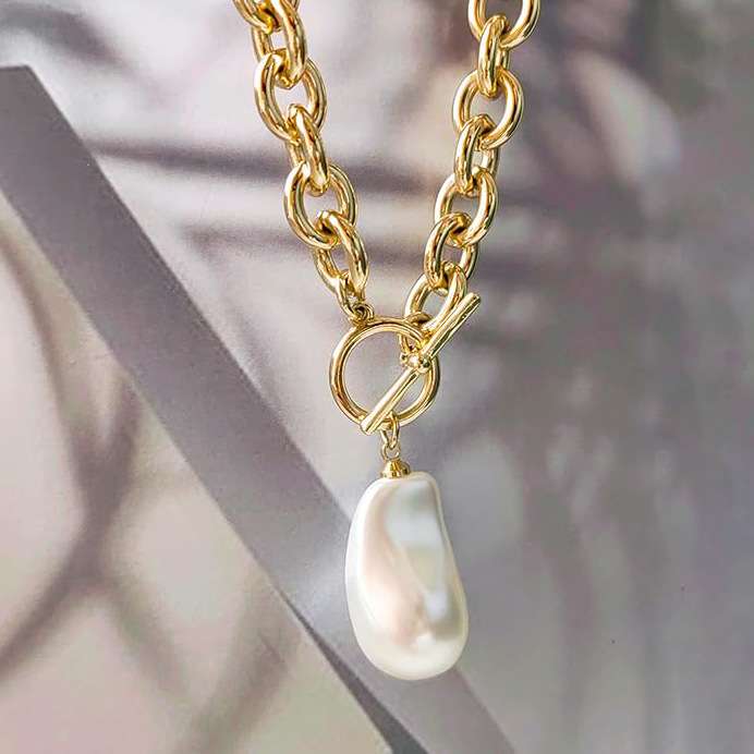 Gold Chain Necklace with Baroque Pearl Pendant image 1