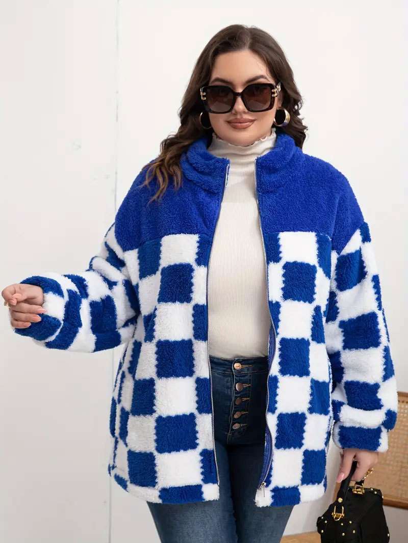 Blue Checkered Fleece Jacket - L, Blue image