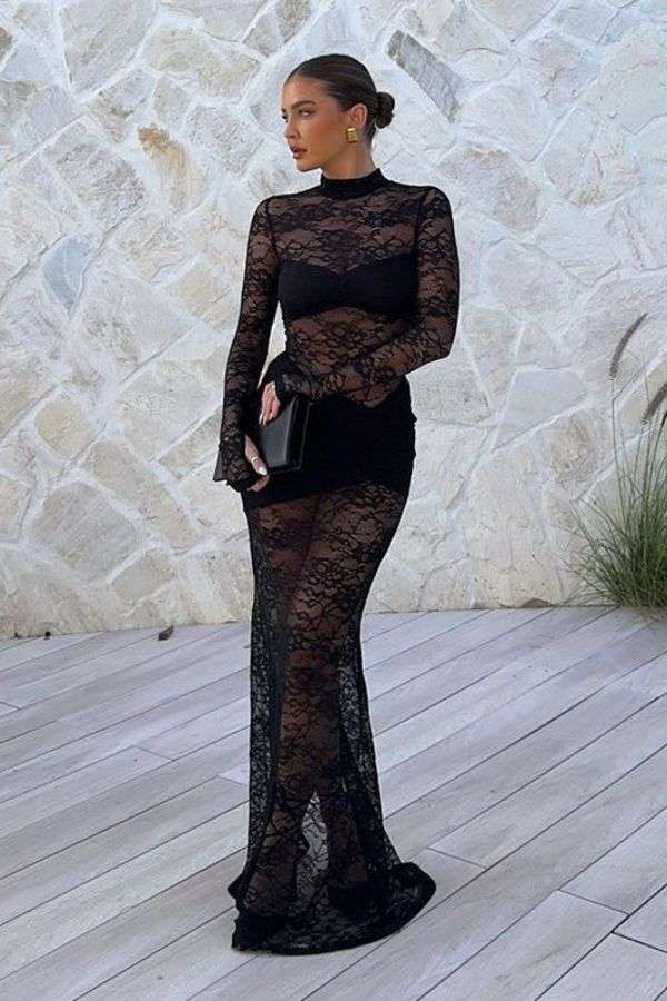 Lace See Through Maxi Dress - M, Black image