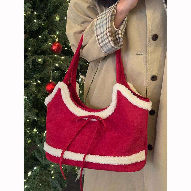 Cozy Red and White Plush Trim Tote Bag image 0