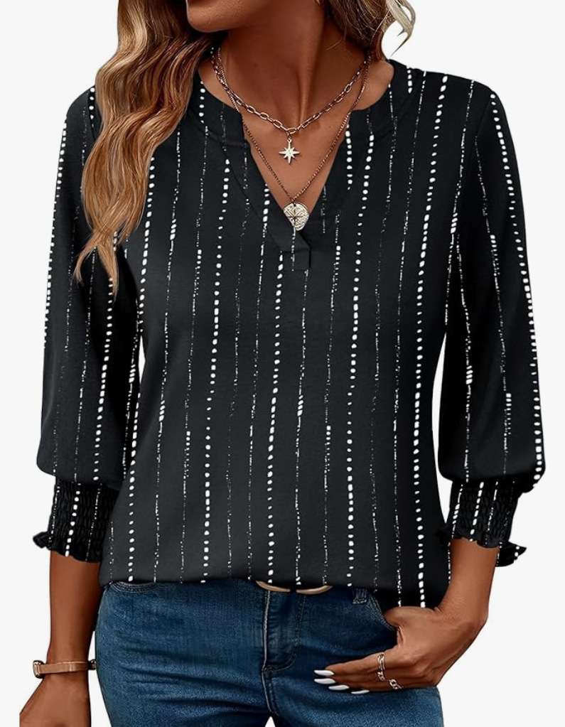 V-Neck Blouse with Smocked Cuffs - M, Black image
