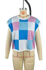 Multicolor Checkered Loose Fit Knitted Fashion Tee Top image 6