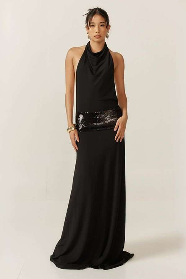 Halter Maxi Dress with Sequin Belt - L, Black image