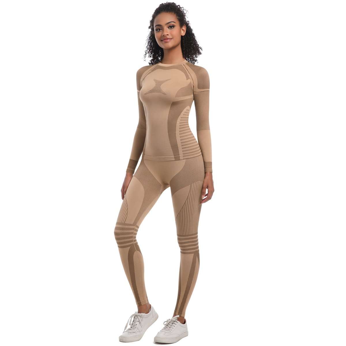 Slim Fit Workout Sports Gym Fitness Yoga Suit - L, Light Fawn Beige image