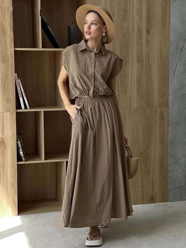 Two-Piece Shirt and Maxi Skirt Set - L, Brown image