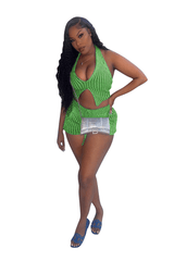 Women's 2 Piece Outfits Striped Rib Knit Halter Cropped Tank Tops Bodycon Shorts Sets image 0