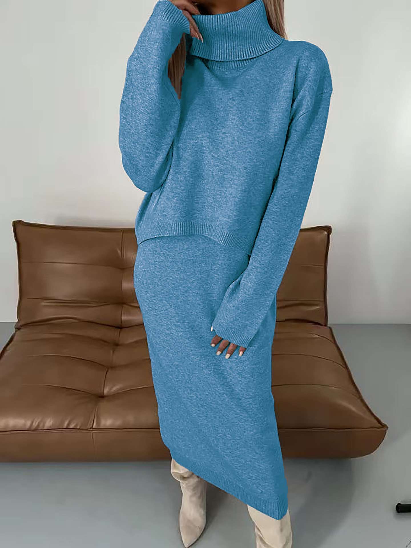 Turtleneck Sweater Two Piece Dress Maxi Skirt - S, Steel Blue image