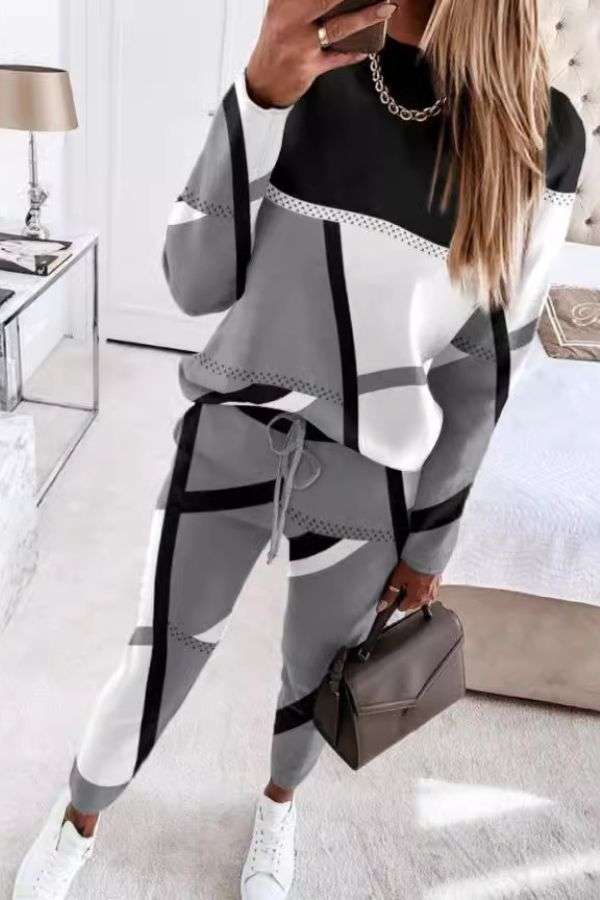 Print Casual Work Dress Two Piece Sets - M, Multi Grey image
