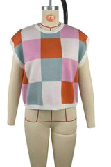 Multicolor Checkered Loose Fit Knitted Fashion Tee Top image 4