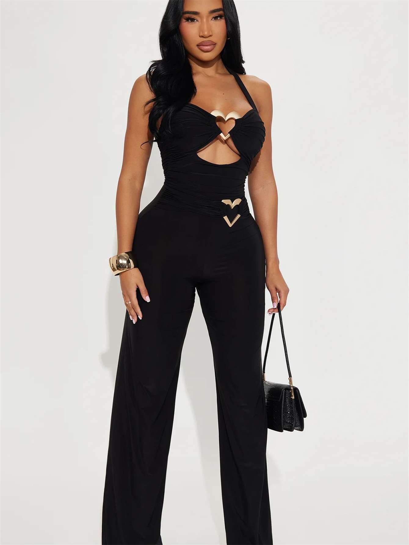Jumpsuit with Heart Cut-Out Details - S, Black image