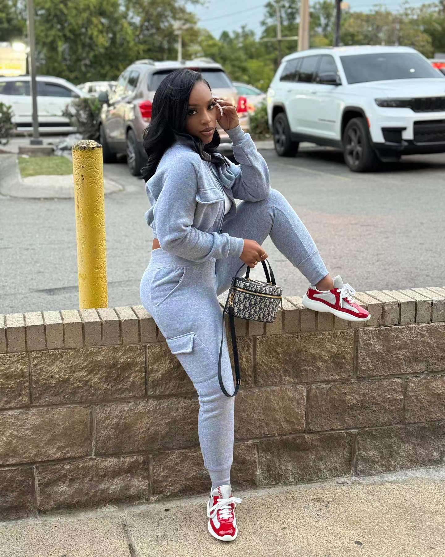 Baseball Collar Crop Zipper Sweatshirt Sweatpants Set image 2