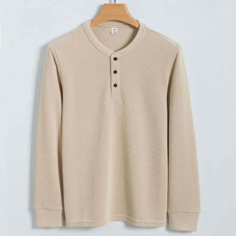 Henley Neck Cotton T-shirt - S, Oat Beige image