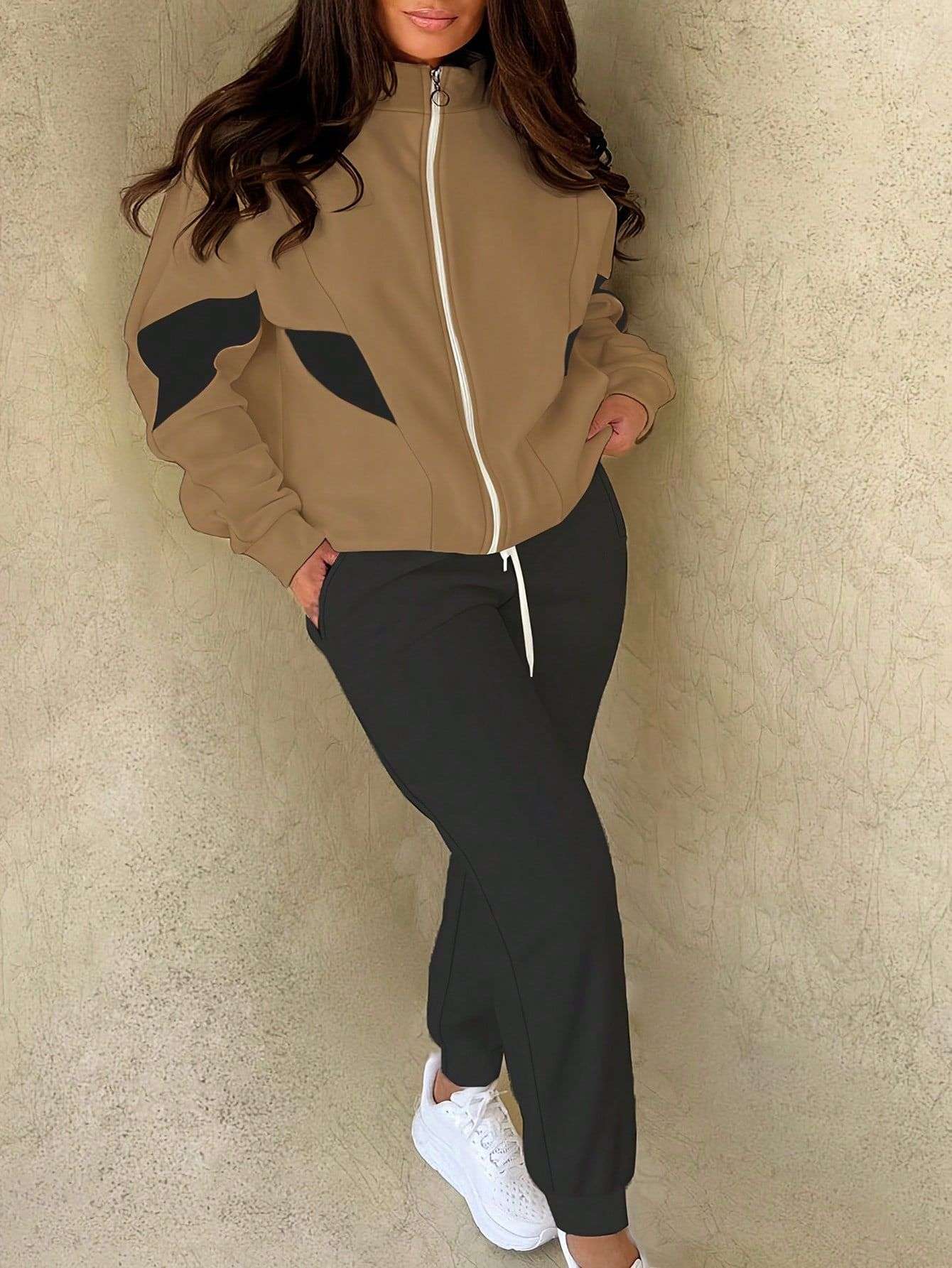Stylish Color Block Zip-Up Track Suit - L, Brown image