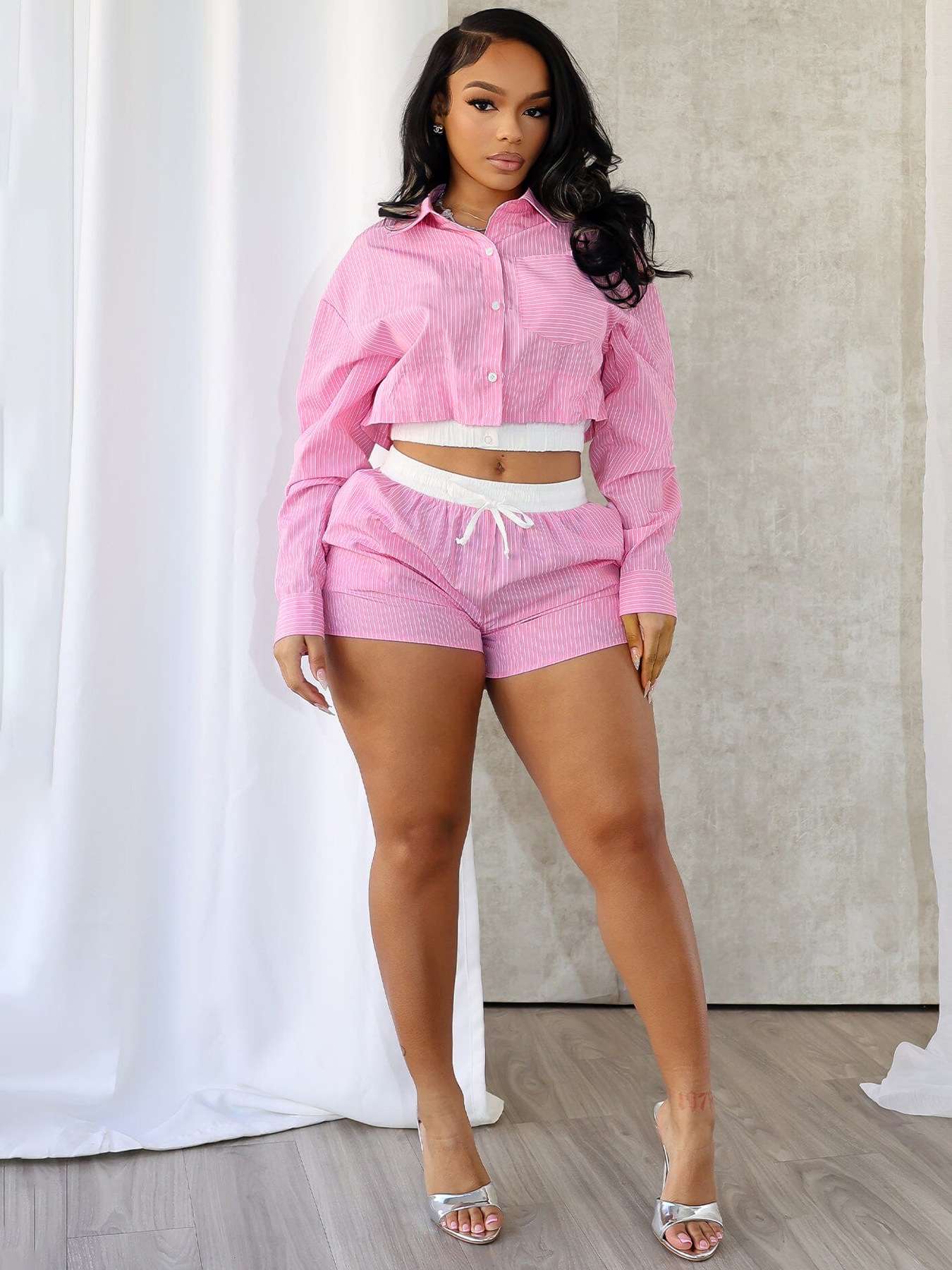 Casual Corduroy Pattern Lounge Set - M, Pink image