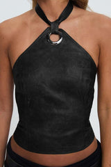 Faux Leather Halter Top with O-Ring Detail - M, Black image