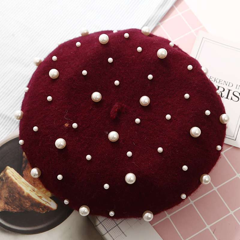 Embellishment Beaded Studs Crochet Cashmere Beret Cap - Free Size, Maroon Brown image