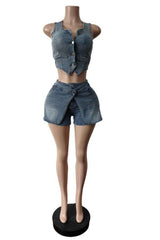 Cropped Vest & High-Waisted Shorts Two-Piece Set - M, Blue image