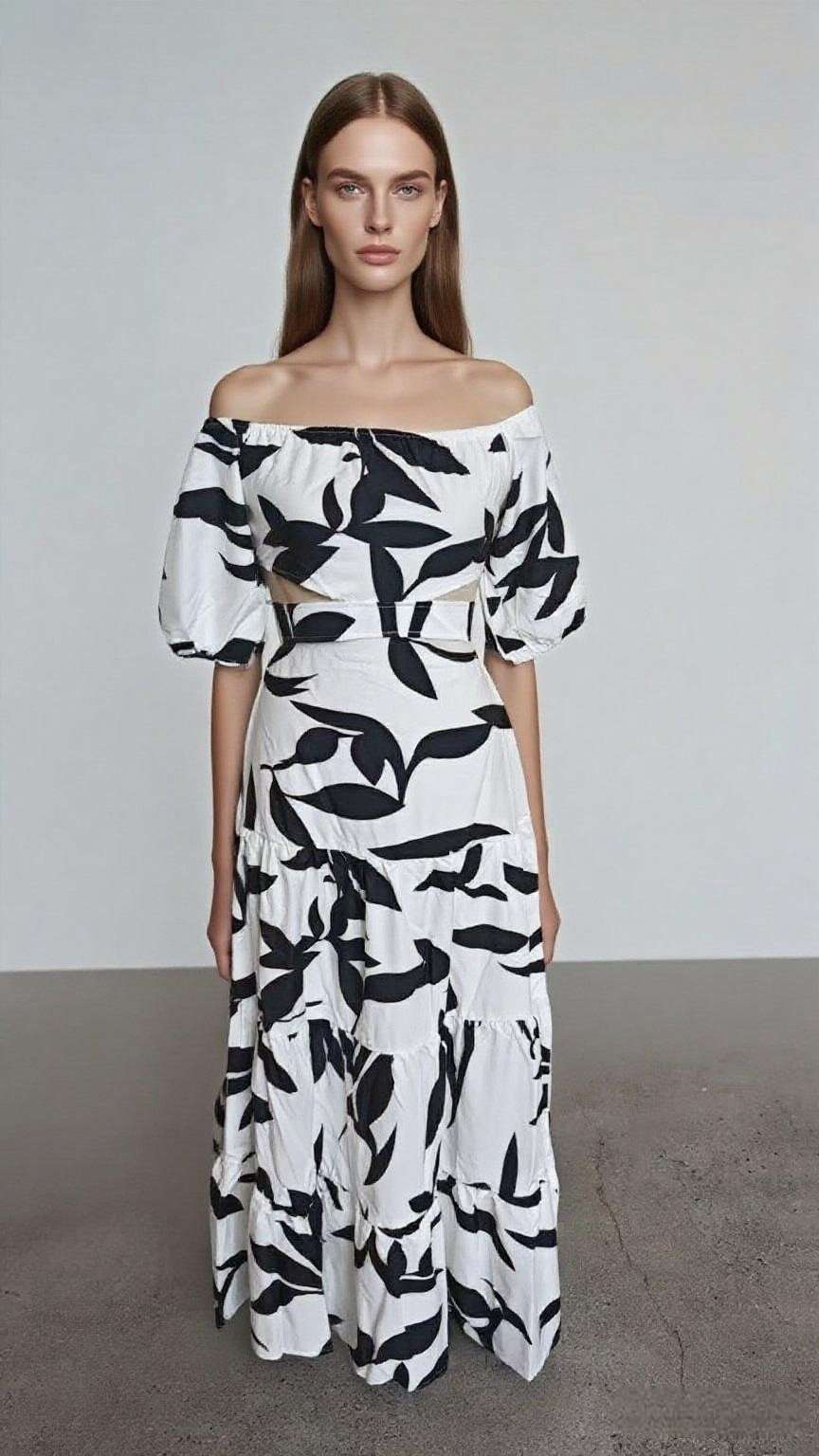 Leaf Print Off-Shoulder Maxi Dress image 1
