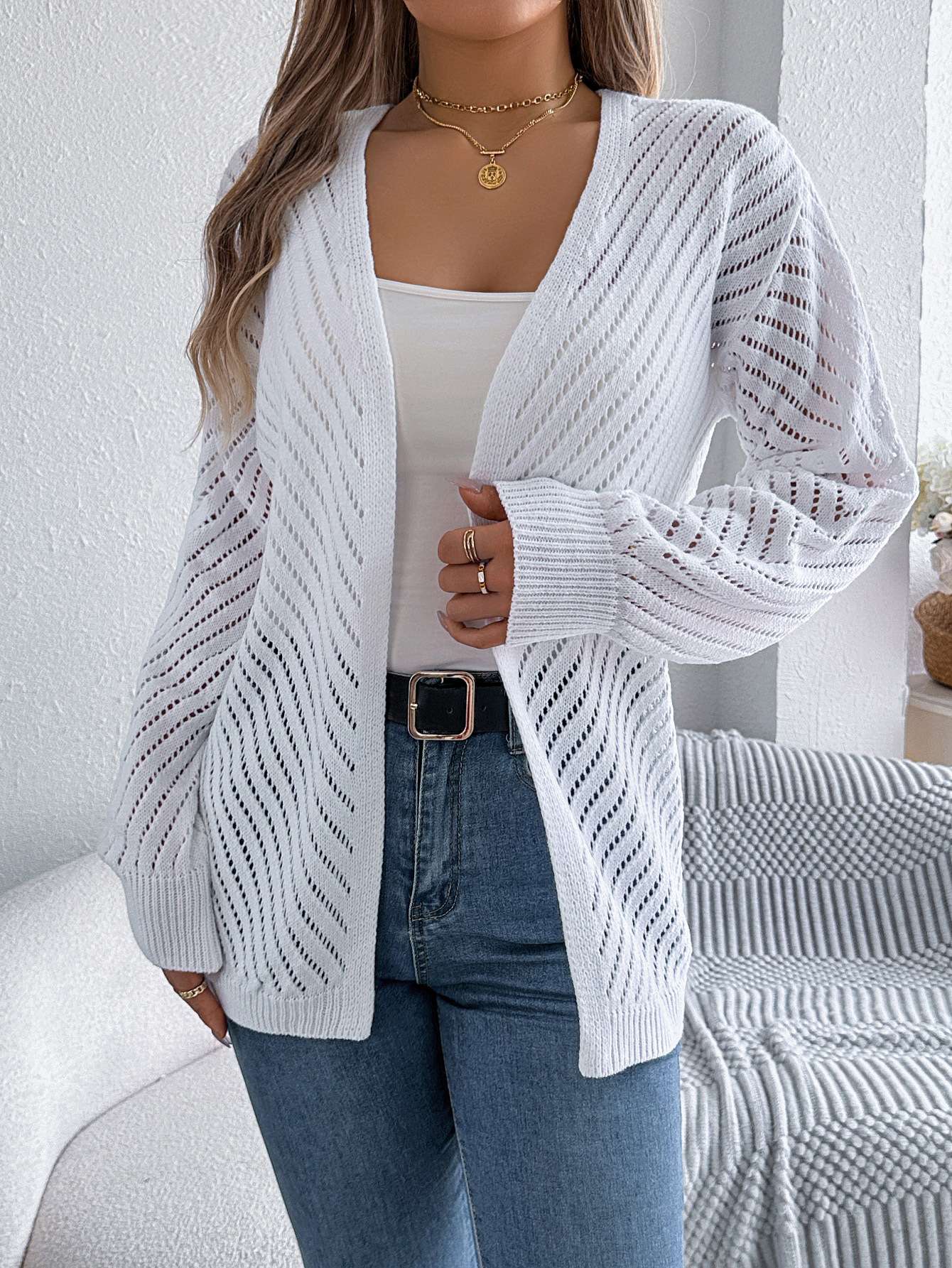 Long Sleeve Knit Cardigan - XL, White image