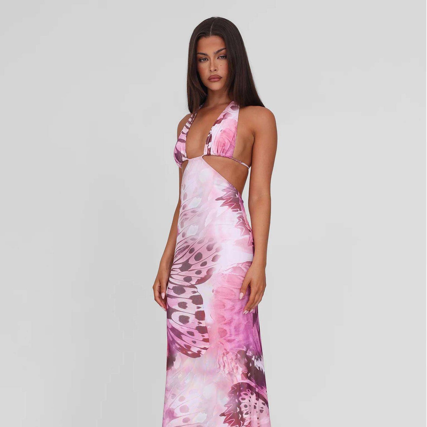Butterfly-Print Cutout Maxi Dress - L, Multi Pink image