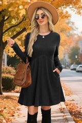 Ribbed Long Sleeve A-Line Dress - S, Black image