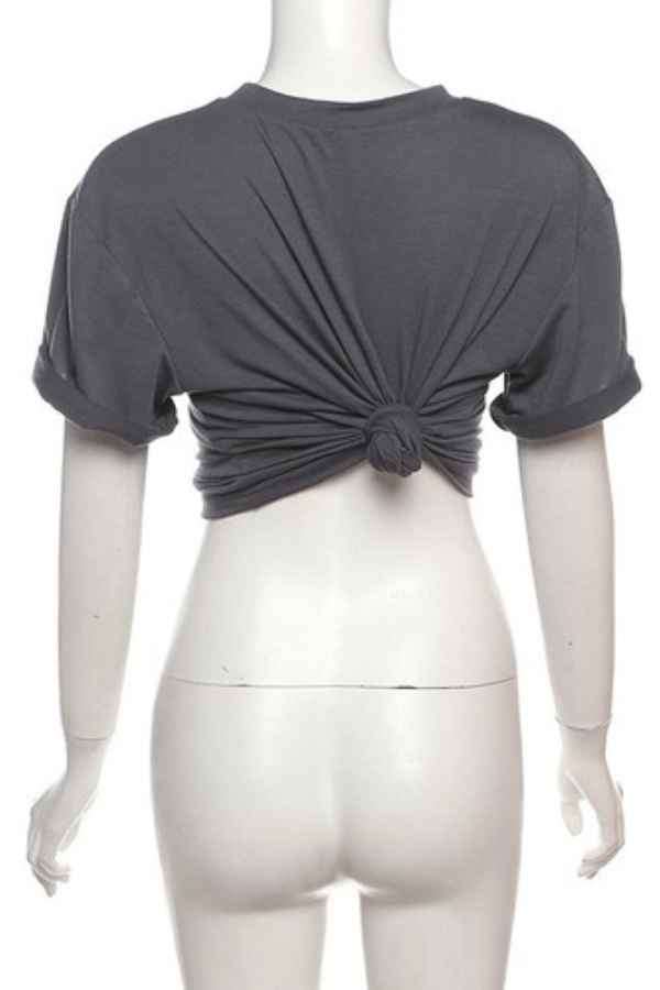 Printed Round Neck Knot Tie Cropped Tee Shirt Top image 5