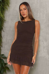 Chic Ruffled Hem Sleeveless Dress - S, Brown image
