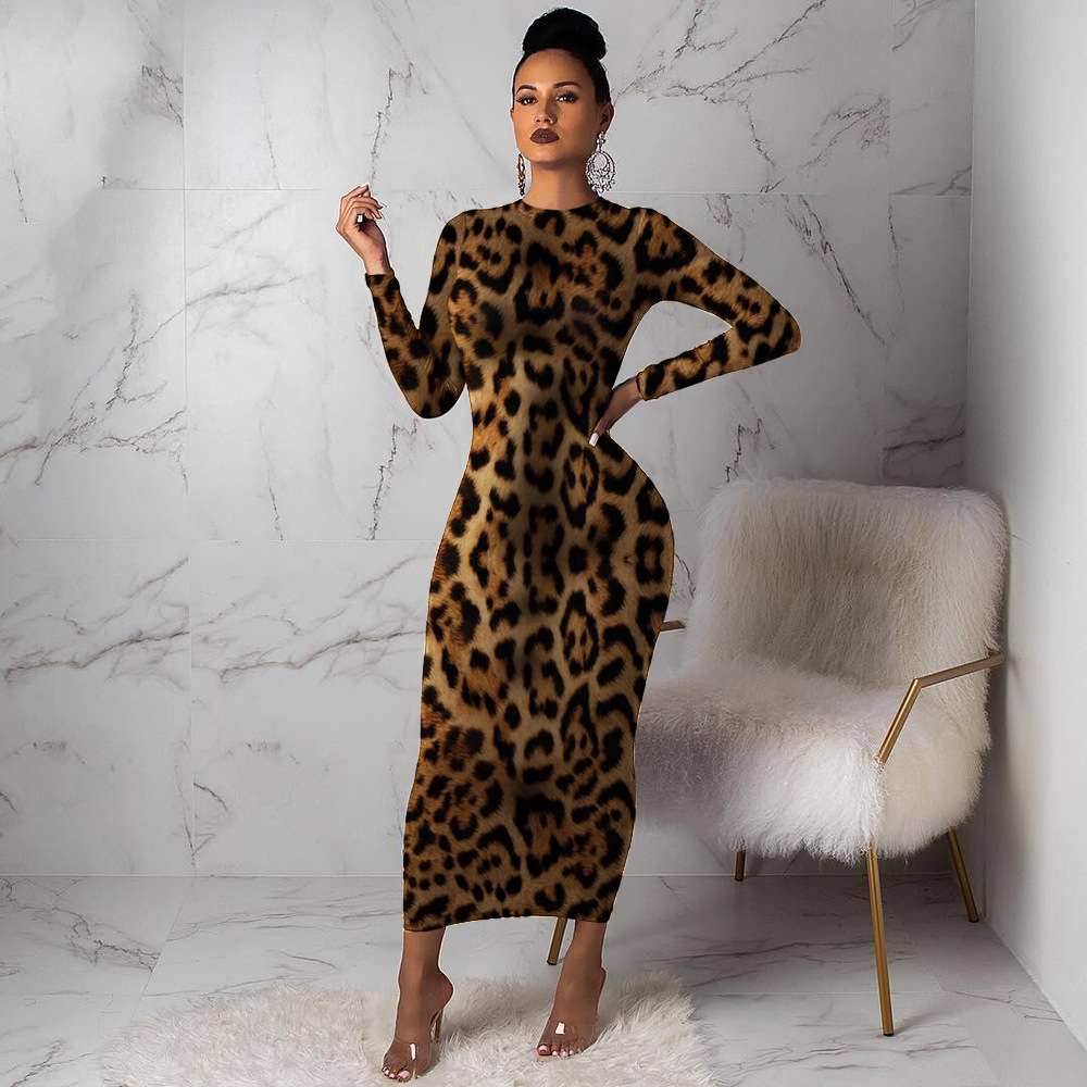 Leopard Print Crew Neck Maxi Dress image 0