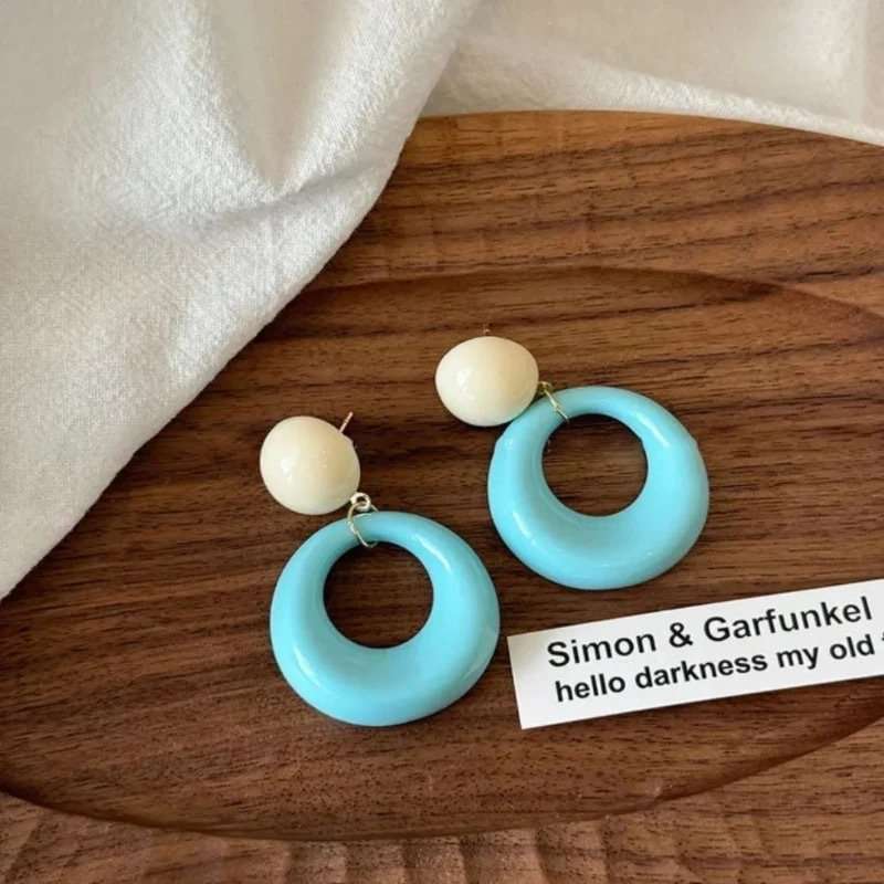 Colorful Retro Hoop Earrings Set - Free Size, Blue image