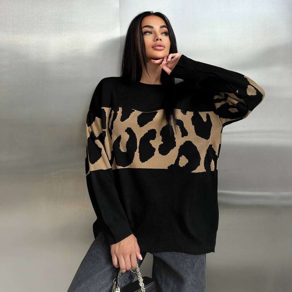Oversized Sweater with Leopard Print Panel - S, Black image